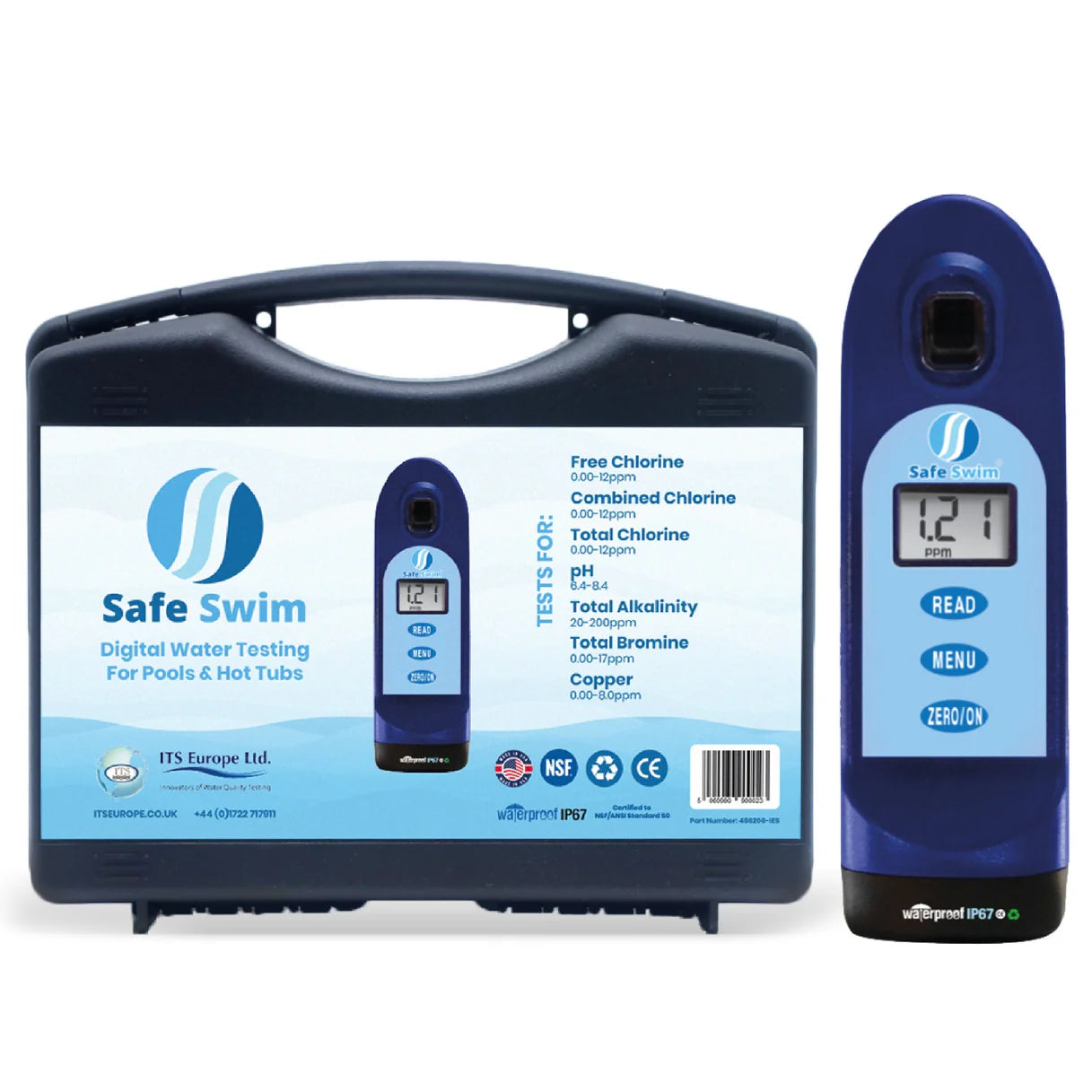 Digital water testing tool for pools and hot tubs with free stripes for tests