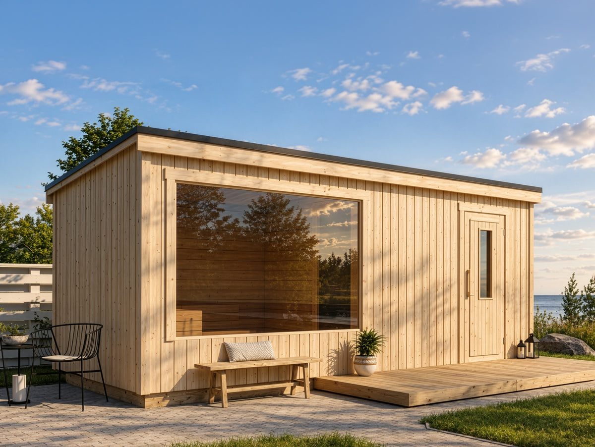 Kalle XL - outdoor sauna for 5 people with lounge and shower rooms