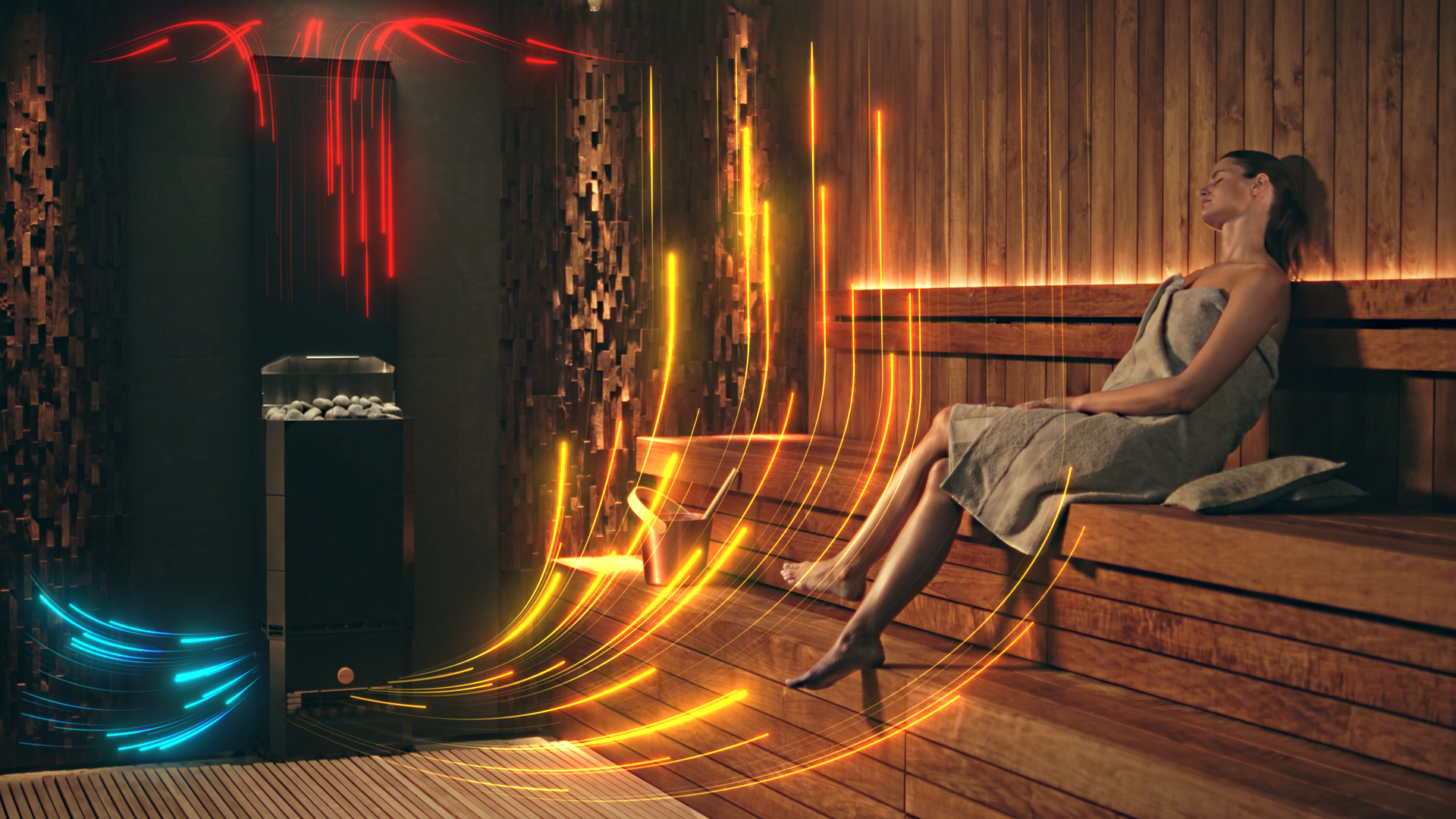 A girl in a sauna relaxes near the innovative Saunum heater, which mixes layers of hot and cold air for soft and easy breathing