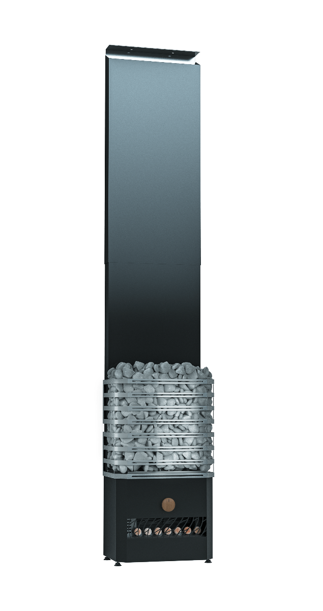 Tall black metal Saunum sauna stove with stones 